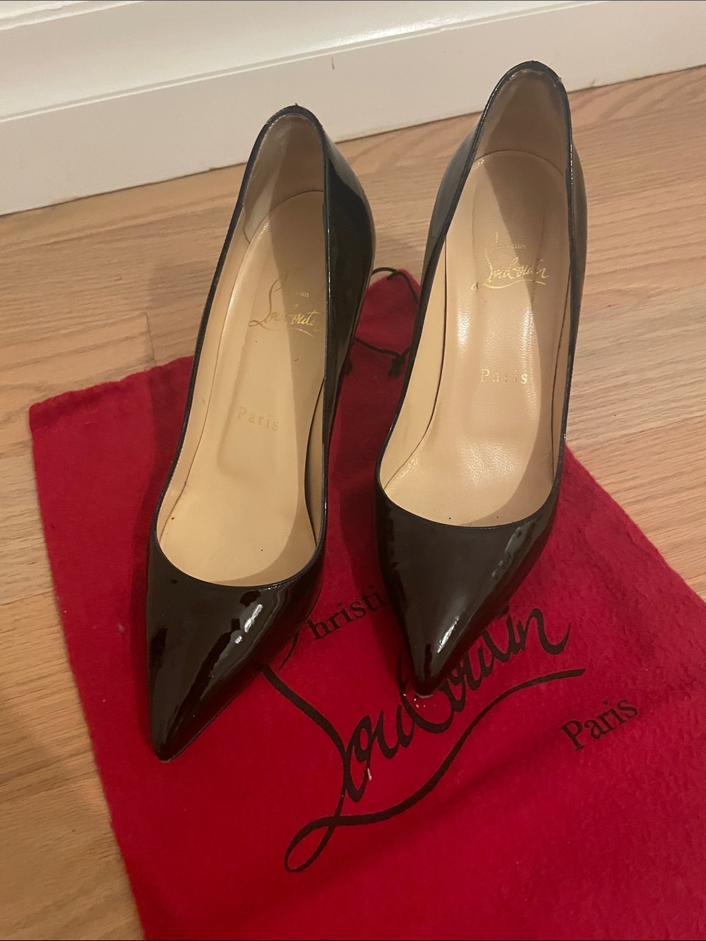 Christian Louboutin Black Patent Pointed-Toe Stiletto Pumps Size 36